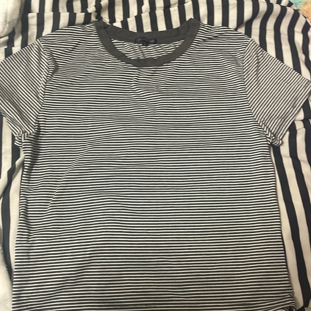 White and dark grey stripped shirt; size L